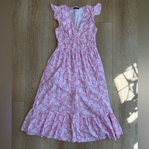 Vineyard Vines Pink Floral Midi Dress Women’s Small Ruffle Hem